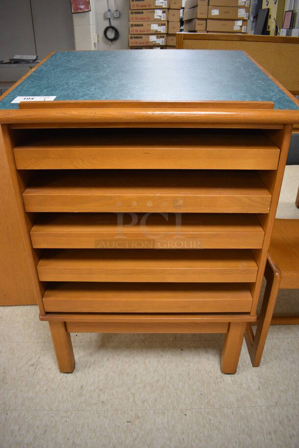 Wooden Table w/ 5 Pull Out Layers and Blue Tabletop. 30x29x42. (MS: Downstairs 005) - Image 5 of 5