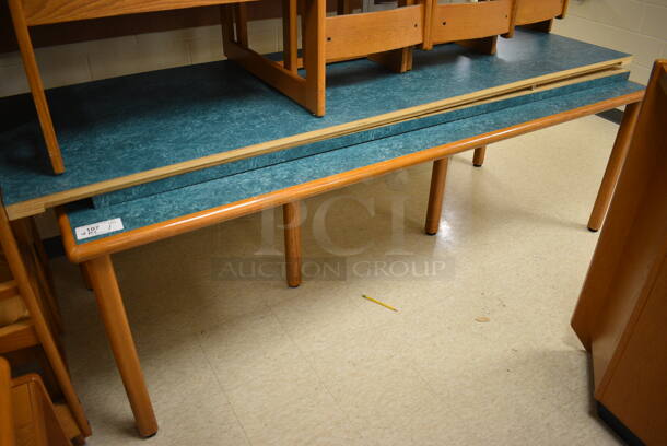 Wooden Library Table w/ Blue Tabletop and Extra Pieces. 91x37x29.5. (MS: Downstairs 005)