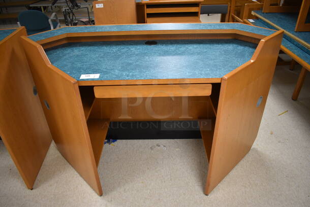 Wooden Library Desk w/ Drawer and Blue Desktop. 72x31x43. (MS: Downstairs 005)