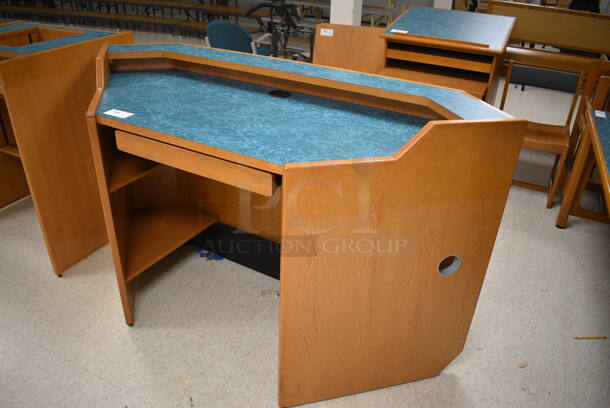 Wooden Library Desk w/ Drawer and Blue Desktop. 72x31x43. (MS: Downstairs 005) - Image 2 of 6