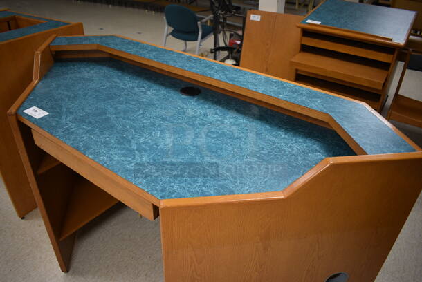 Wooden Library Desk w/ Drawer and Blue Desktop. 72x31x43. (MS: Downstairs 005) - Image 3 of 6