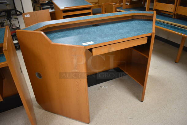 Wooden Library Desk w/ Drawer and Blue Desktop. 72x31x43. (MS: Downstairs 005) - Image 4 of 6