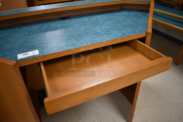 Wooden Library Desk w/ Drawer and Blue Desktop. 72x31x43. (MS: Downstairs 005) - Image 5 of 6