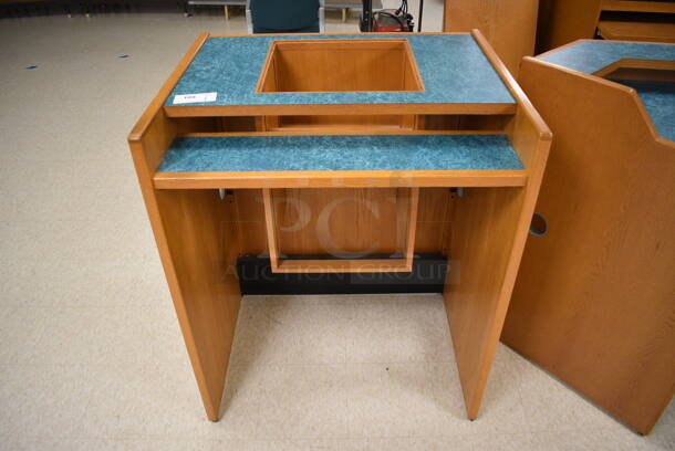 Wooden Library Counter w/ Blue Countertop. 35.5x29x43. (MS: Downstairs 005)