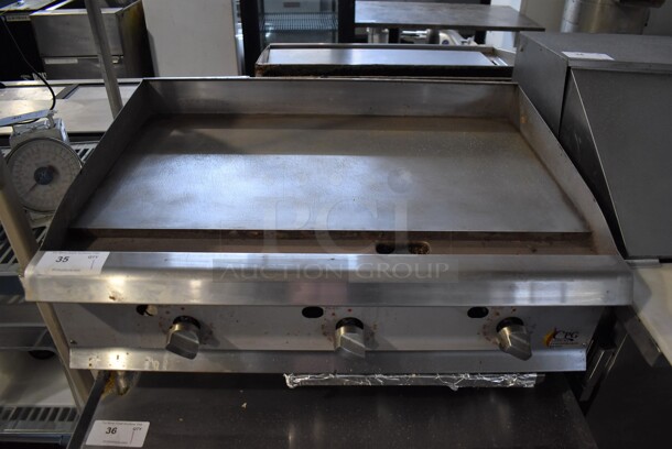 Cooking Performance Group CPG Stainless Steel Commercial Countertop Natural Gas Powered Flat Top Griddle w/ Thermostatic Controls. 36x30x17