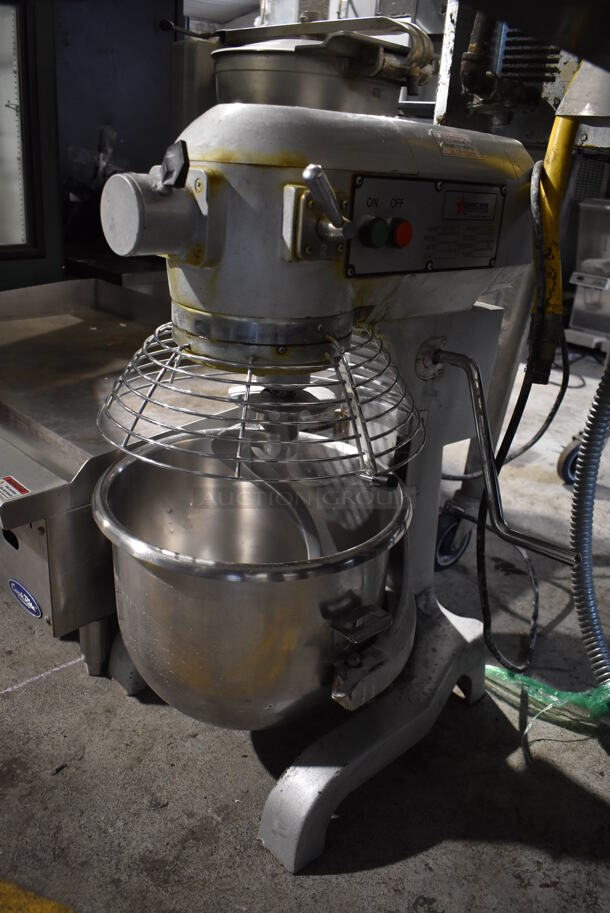 2010 Omcan SP200A Metal Commercial 20 Quart Planetary Dough Mixer w/ Stainless Steel Mixing Bowl, Bowl Guard and Dough Hook Attachment. 115 Volts, 1 Phase. 15x22x31. Tested and Does Not Power On