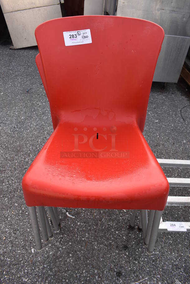 6 Red Poly Dining Chairs on Metal Legs. 17x22x32. 6 Times Your Bid!