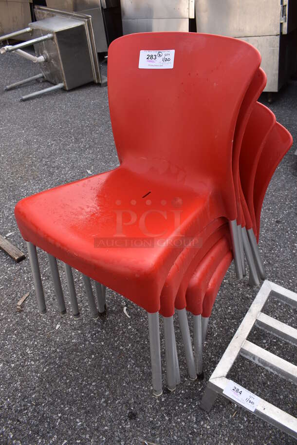 6 Red Poly Dining Chairs on Metal Legs. 17x22x32. 6 Times Your Bid! - Image 2 of 3