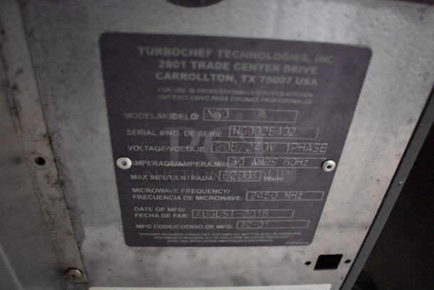 2016 Turbochef NGO Metal Commercial Countertop Electric Powered Rapid Cook Oven. 208/240 Volts, 1 Phase. 16x28x22 - Image 7 of 7