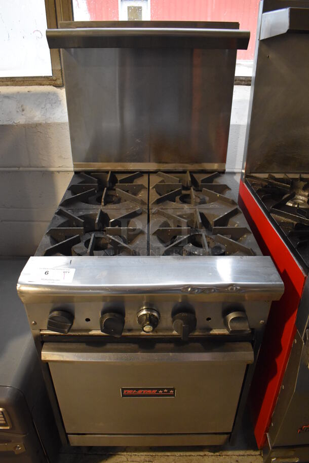 Tri-Star Stainless Steel Commercial Natural Gas Powered 4 Burner Range w/ Oven, Over Shelf and Back Splash on Commercial Casters. 24x32x58