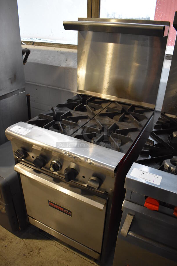 Tri-Star Stainless Steel Commercial Natural Gas Powered 4 Burner Range w/ Oven, Over Shelf and Back Splash on Commercial Casters. 24x32x58 - Image 2 of 5