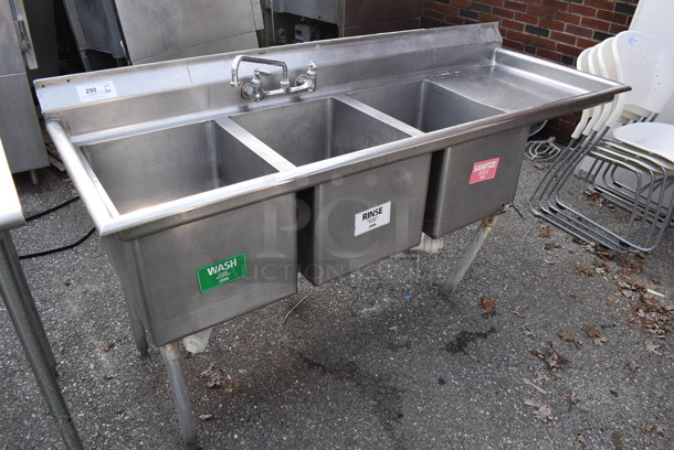 Stainless STeel Commercial 3 Bay Sink w/ Faucet, Handles and Right Side Drain Board. 74x27x39. Bays 16x21x13. Drain Board 18x24x1