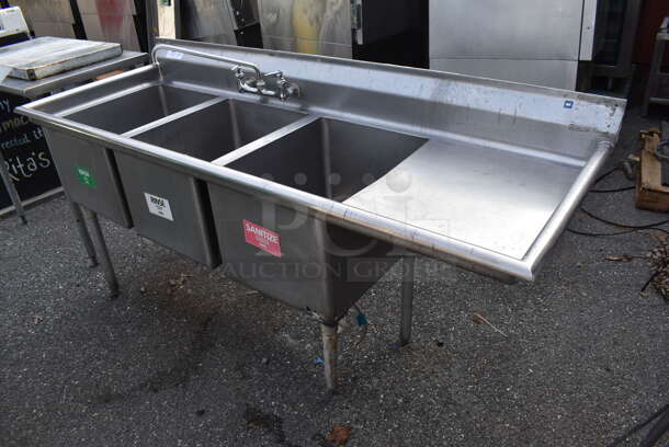 Stainless STeel Commercial 3 Bay Sink w/ Faucet, Handles and Right Side Drain Board. 74x27x39. Bays 16x21x13. Drain Board 18x24x1 - Image 4 of 4