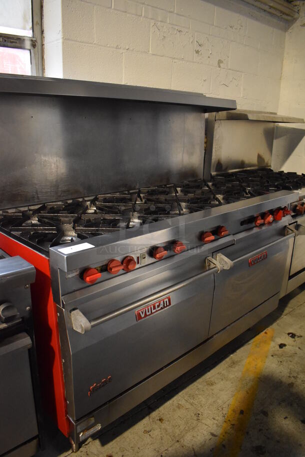 Vulcan Stainless Steel Commercial Natural Gas Powered 10 Burner Range w/ Convection Oven, Oven, Over Shelf and Back Splash. 60x31x60 - Image 2 of 9