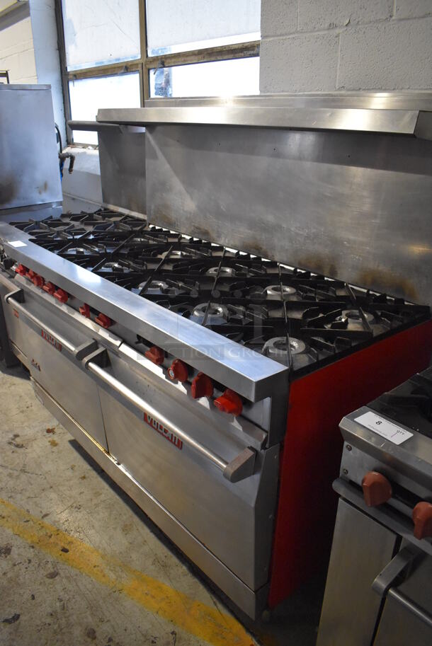 Vulcan Stainless Steel Commercial Natural Gas Powered 10 Burner Range w/ Convection Oven, Oven, Over Shelf and Back Splash. 60x31x60 - Image 4 of 9