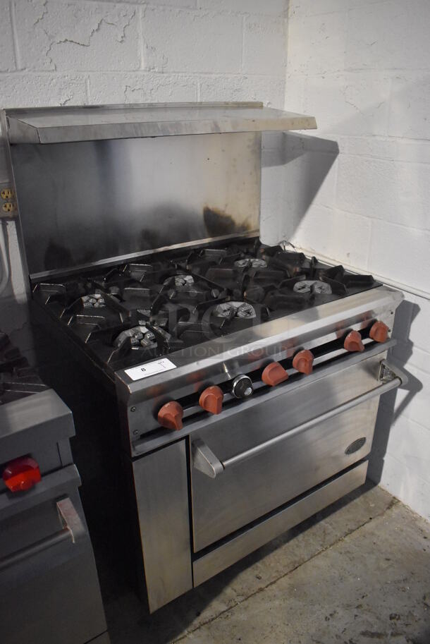 Dynamic Cooking Systems DCS Stainless Steel Commercial Natural Gas Powered 6 Burner Range w/ Oven, Over Shelf and Back Splash. 36x31x58 - Image 1 of 5
