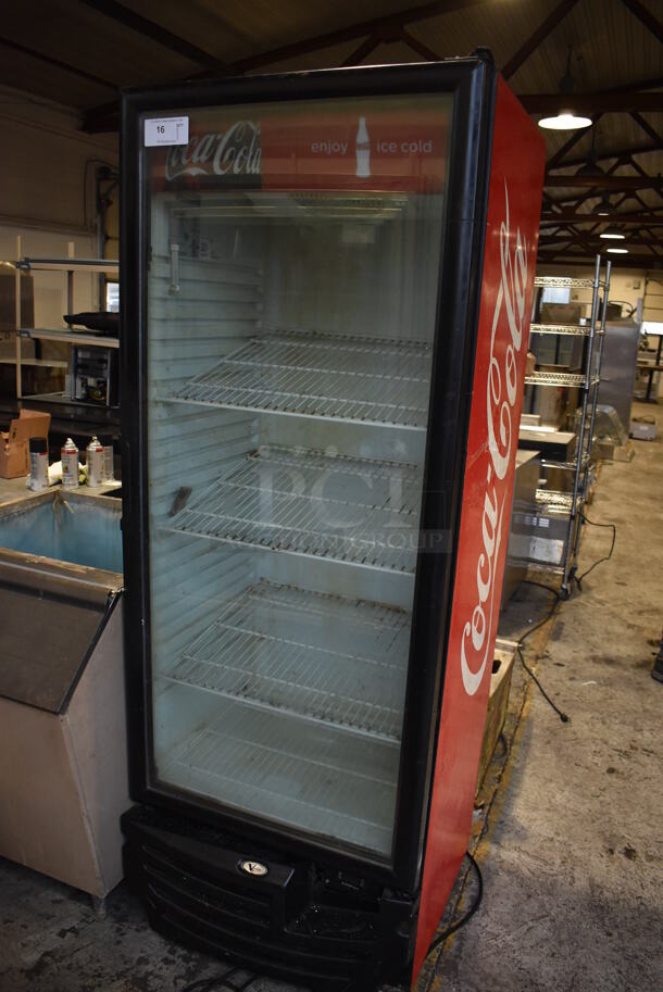 Vendo G319 Metal Commercial Single Door Reach In Cooler Merchandiser w/ Poly Coated Racks. 115 Volts, 1 Phase. 29x27x79. Tested and Powers On But Does Not Get Cold