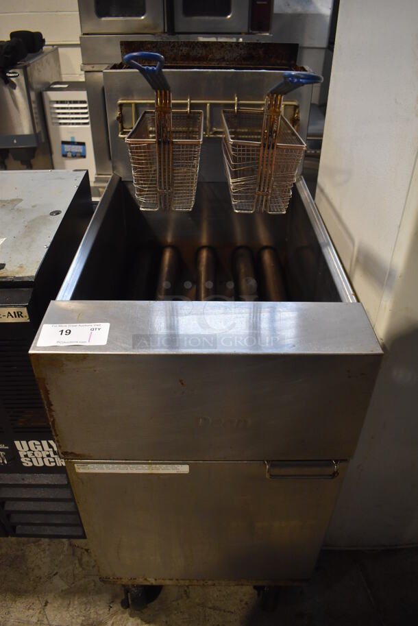 2014 Dean SR162GN Stainless Steel Commercial Floor Style Natural Gas Powered 75 Pound Capacity Deep Fat Fryer w/ 2 Metal Fry Baskets on Commercial Casters. 150,000 BTU. 20x33x47