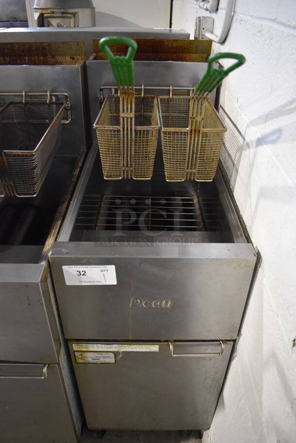 2014 Dean SR42GN Stainless Steel Commercial Floor Style Natural Gas Powered Deep Fat Fryer w/ 2 Metal Fry Baskets on Commercial Casters. 105,000 BTU. 16x32x46