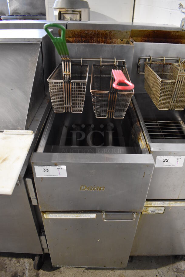 2014 Dean SR42GN Stainless Steel Commercial Floor Style Natural Gas Powered Deep Fat Fryer w/ 2 Metal Fry Baskets on Commercial Casters. 105,000 BTU. 16x32x46