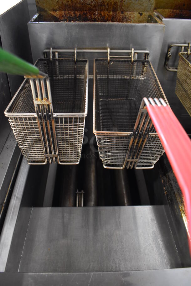 2014 Dean SR42GN Stainless Steel Commercial Floor Style Natural Gas Powered Deep Fat Fryer w/ 2 Metal Fry Baskets on Commercial Casters. 105,000 BTU. 16x32x46 - Image 4 of 6