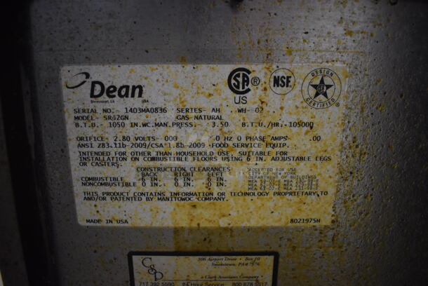 2014 Dean SR42GN Stainless Steel Commercial Floor Style Natural Gas Powered Deep Fat Fryer w/ 2 Metal Fry Baskets on Commercial Casters. 105,000 BTU. 16x32x46 - Image 5 of 6