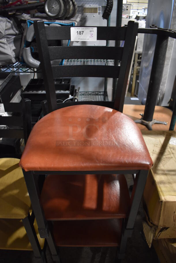 3 Black Metal Dining Chairs w/ Red Seat Cushion. 16x16x32. 3 Times Your Bid!