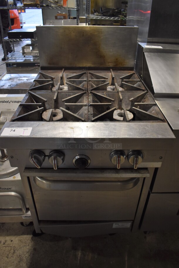 Stainless Steel Commercial Natural Gas Powered 4 Burner Range w/ Oven and Back Splash on Commercial Casters. 24x34x47
