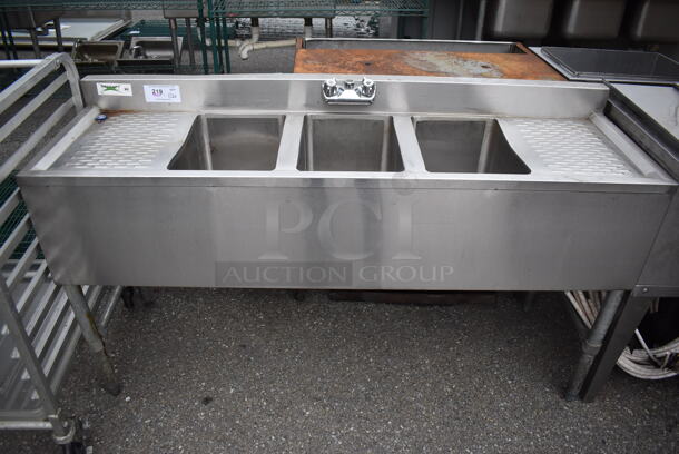 Regency Stainless Steel Commercial 3 Bay Sink w/ Dual Drain Boards and Handles. 60x19x35. Bays 10x14x9. Drain Boards 9x15x1