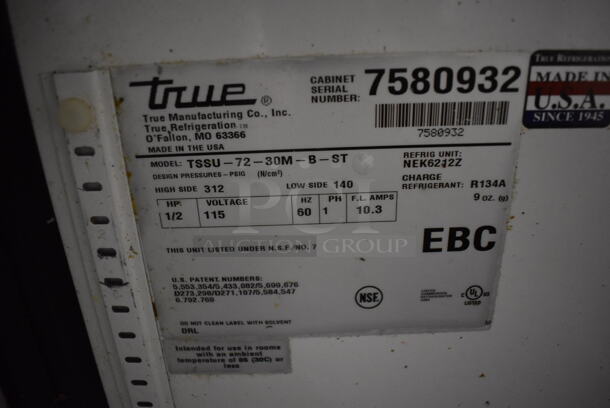2012 True TSSU-72-30M-B-ST Stainless Steel Commercial Sandwich Salad Prep Table Bain Marie Mega Top on Commercial Casters. 115 Volts, 1 Phase. 72x34x45. Cannot Test - Unit Trips Breaker - Image 6 of 9
