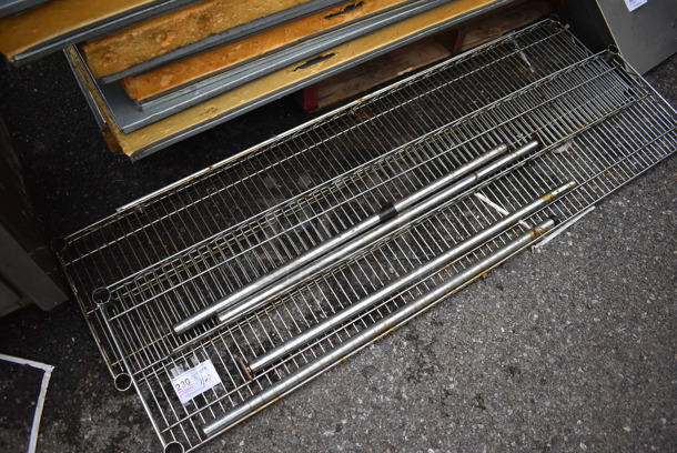 ALL ONE MONEY! Lot of 2 Chrome Finish Wire Shelves and 4 Poles. 60x14x1.5