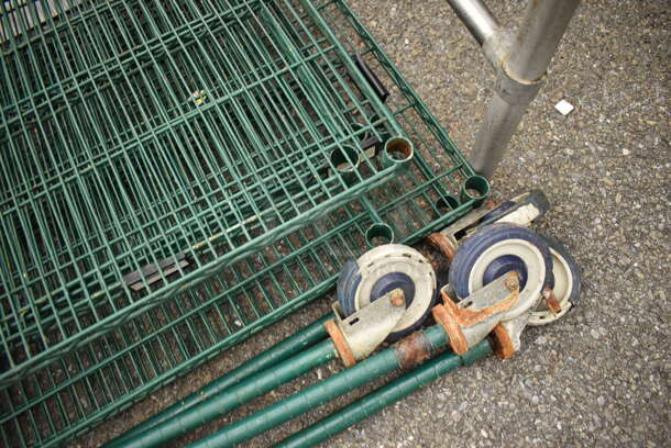 ALL ONE MONEY! Lot of 7 Green Finish Wire Shelves and 4 Poles on Commercial Casters. 54x24x1.5 - Image 2 of 3