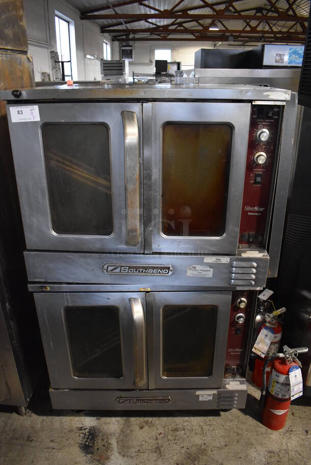 2 Southbend SilverStar Stainless Steel Commercial Electric Powered Full Size Convection Oven w/ View through Doors, Metal Oven Racks and Thermostatic Controls on Commercial Casters. 220-250 Volts. 40x31x65. 2 Times Your Bid!