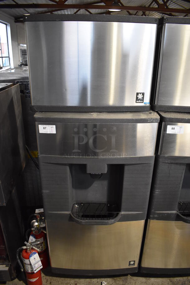 Manitowoc QD0452A Stainless Steel Commercial Ice Machine Head on Manitowoc QPA310 Stainless Steel Commercial Ice Bin Hotel Dispenser. 115 Volts, 1 Phase. 30x29x82