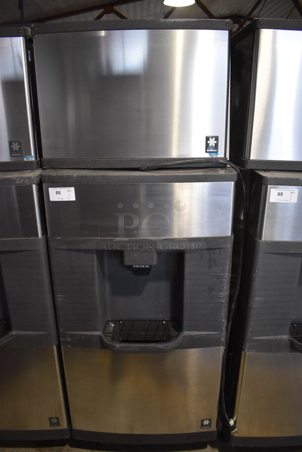 Manitowoc QD0452A Stainless Steel Commercial Ice Machine Head on Manitowoc QPA310 Stainless Steel Commercial Ice Bin Hotel Dispenser. 115 Volts, 1 Phase. 30x29x82