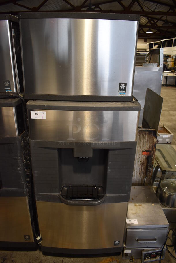 Manitowoc QD0452A Stainless Steel Commercial Ice Machine Head on Manitowoc QPA310 Stainless Steel Commercial Ice Bin Hotel Dispenser. 115 Volts, 1 Phase. 30x29x82