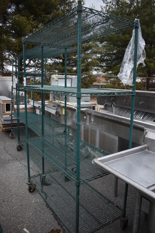 Metro Green Finish 4 Tier Wire Shelving Unit on Commercial Casters. BUYER MUST DISMANTLE. PCI CANNOT DISMANTLE FOR SHIPPING. PLEASE CONSIDER FREIGHT CHARGES. 48x24x80