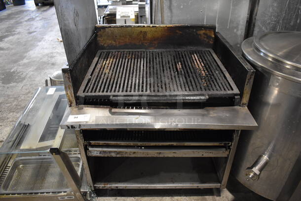 Stainless Steel Commercial Natural Gas Powered Charbroiler Grill w/ Under Shelves. 36x34x57
