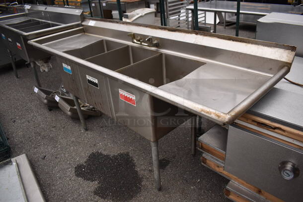 Stainless Steel 3 Bay Sink w/ Dual Drain Boards and Handles. 87x27x39. Bays 16x21x14. Drain Boards 18x24x1