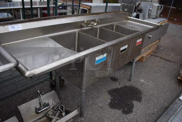 Stainless Steel 3 Bay Sink w/ Dual Drain Boards and Handles. 87x27x39. Bays 16x21x14. Drain Boards 18x24x1 - Image 5 of 5