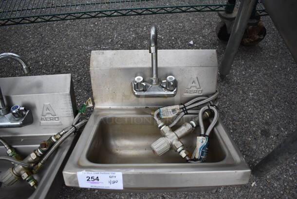 Aero Stainless Steel Commercial Single Bay Wall Mount Sink w/ Faucet, Handles and Mixing / Regulating Valve. 17x15x22