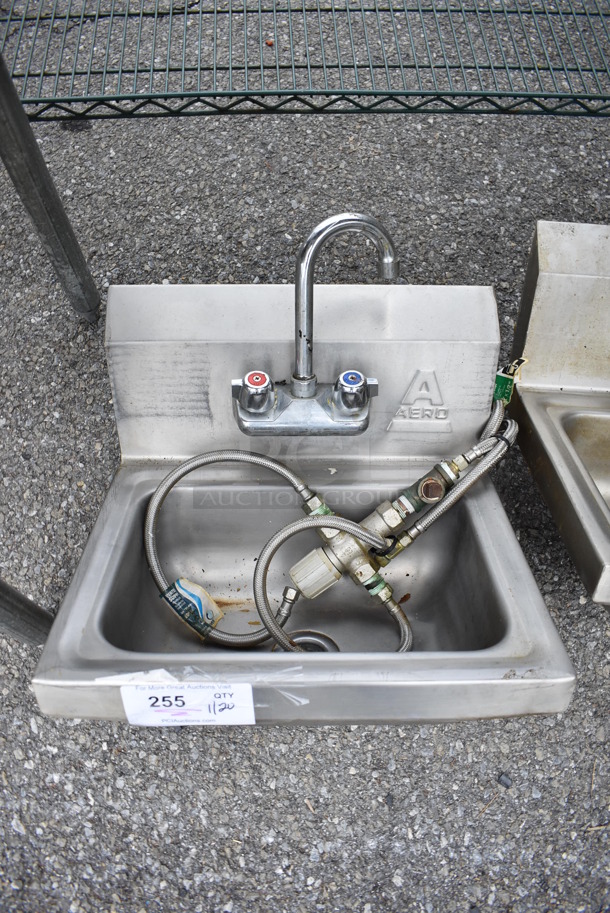 Aero Stainless Steel Commercial Single Bay Wall Mount Sink w/ Faucet, Handles and Mixing / Regulating Valve. 17x15x22