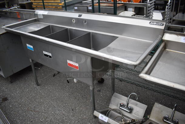 Duke Stainless Steel 3 Bay Sink w/ Dual Drain Boards. 84x27x43. Bays 16x21x13. Drain Boards 16x23x1 - Image 1 of 4
