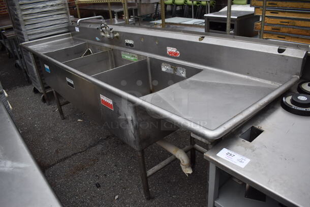 Duke Stainless Steel 3 Bay Sink w/ Dual Drain Boards, Faucet, Handles and Spray Nozzle Attachment. 120x30x44. Bays 24x24x13. Drain Boards 22x26x1