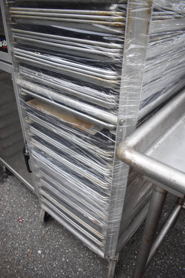 Metal Commercial Pan Transport Rack w/ 69 Metal Full Size Baking Pans on Commercial Casters. 21.5x27.5x69.5 - Image 3 of 3