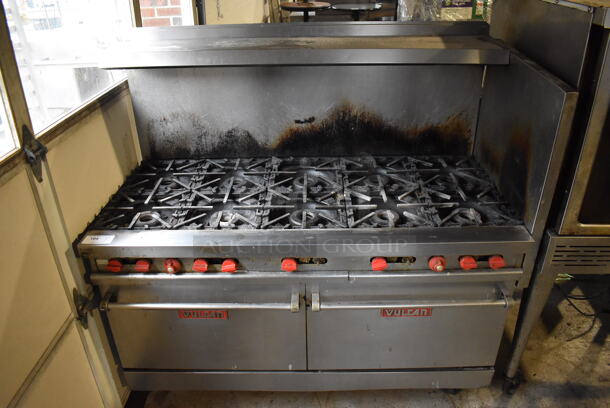 Vulcan Stainless Steel Commercial Natural Gas Powered 10 Burner Range w/ 2 Ovens, Over Shelf, Back Splash and Right Side Guard on Commercial Casters. 62x30x60