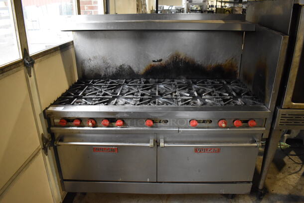 Vulcan Stainless Steel Commercial Natural Gas Powered 10 Burner Range w/ 2 Ovens, Over Shelf, Back Splash and Right Side Guard on Commercial Casters. 62x30x60 - Image 2 of 8