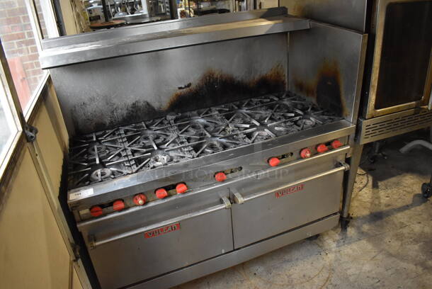 Vulcan Stainless Steel Commercial Natural Gas Powered 10 Burner Range w/ 2 Ovens, Over Shelf, Back Splash and Right Side Guard on Commercial Casters. 62x30x60 - Image 3 of 8