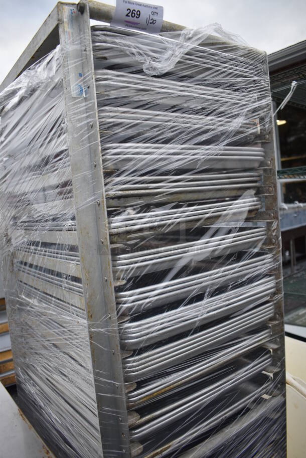 Metal Commercial Pan Transport Rack w/ 71 Metal Full Size Baking Pans on Commercial Casters. 21.5x27.5x69.5 - Image 2 of 3