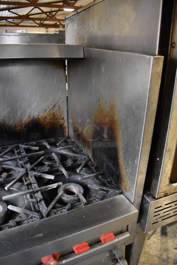 Vulcan Stainless Steel Commercial Natural Gas Powered 10 Burner Range w/ 2 Ovens, Over Shelf, Back Splash and Right Side Guard on Commercial Casters. 62x30x60 - Image 6 of 8